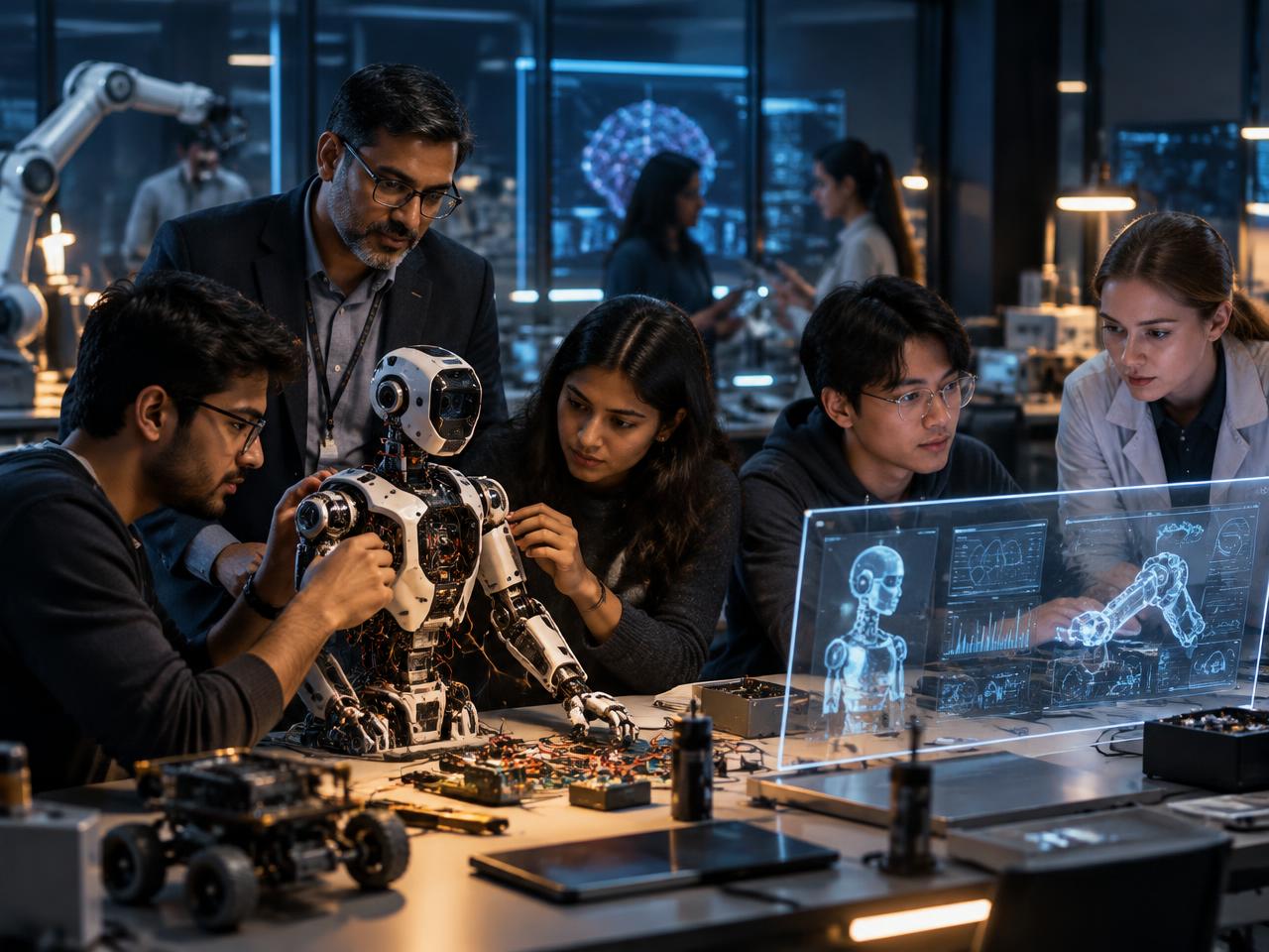 Students and scientists working in an advanced university robotics laboratory